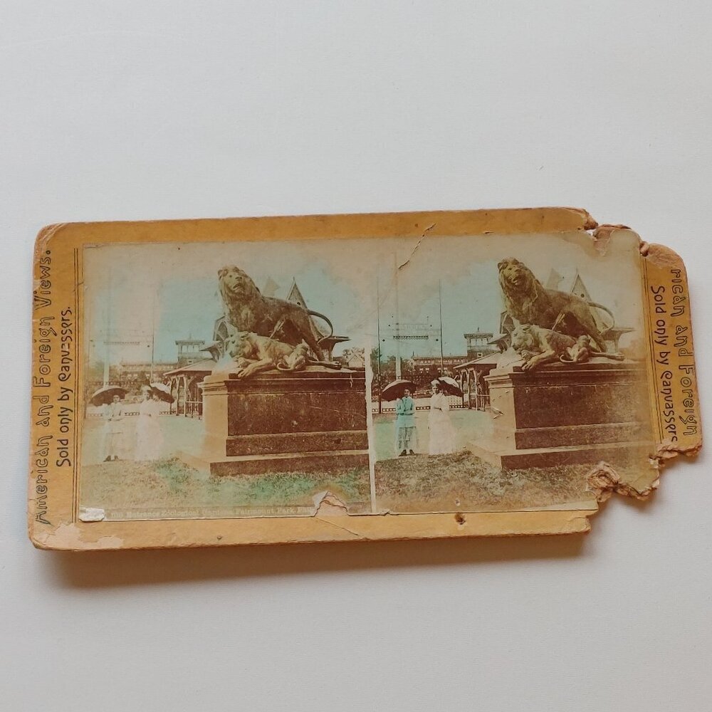 ANTIQUE Stereograph Card World's Fair Lion Statue Victorian Scene